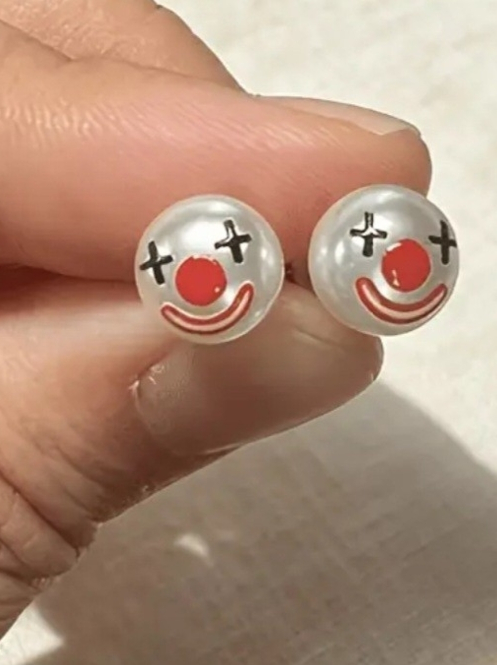 Pearl Clown Stud Earrings - Red Accent